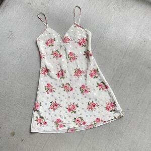90s vintage white pink floral polka dot satin slip dress coquette cottage small